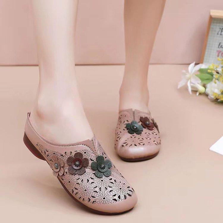 

Spring and summer new women s shoes rubber soft sole soft leather flat bottom bag head flower mother shoes breathable hole beach 35 хаки