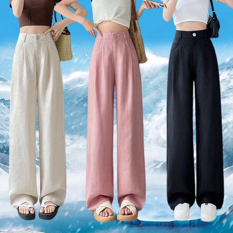 Ice Silk Cotton Linen High-Waisted Wide-Leg Pants for Women – Summer 2026 Drapey, Straight-Leg Casual Suit Style