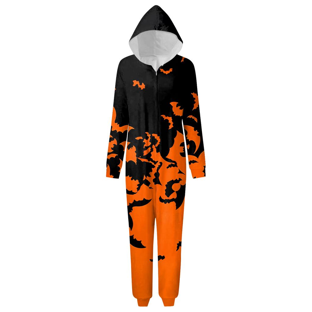 Halloween Printed Family Matching Hooded Long Sleeved Zippered Hooded Jumpsuit Set