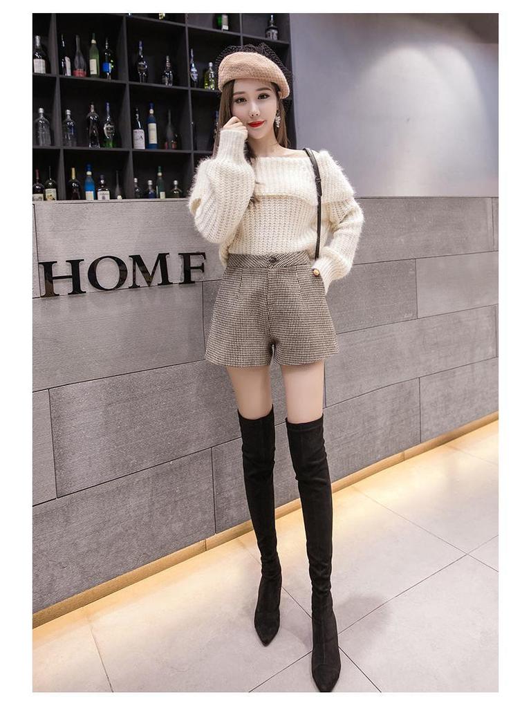 Pantaloni scurți de damă cu talie înaltă, din lână, cu imprimeu pied-de-poule, croială A-line - Toamnă/Iarnă 2022