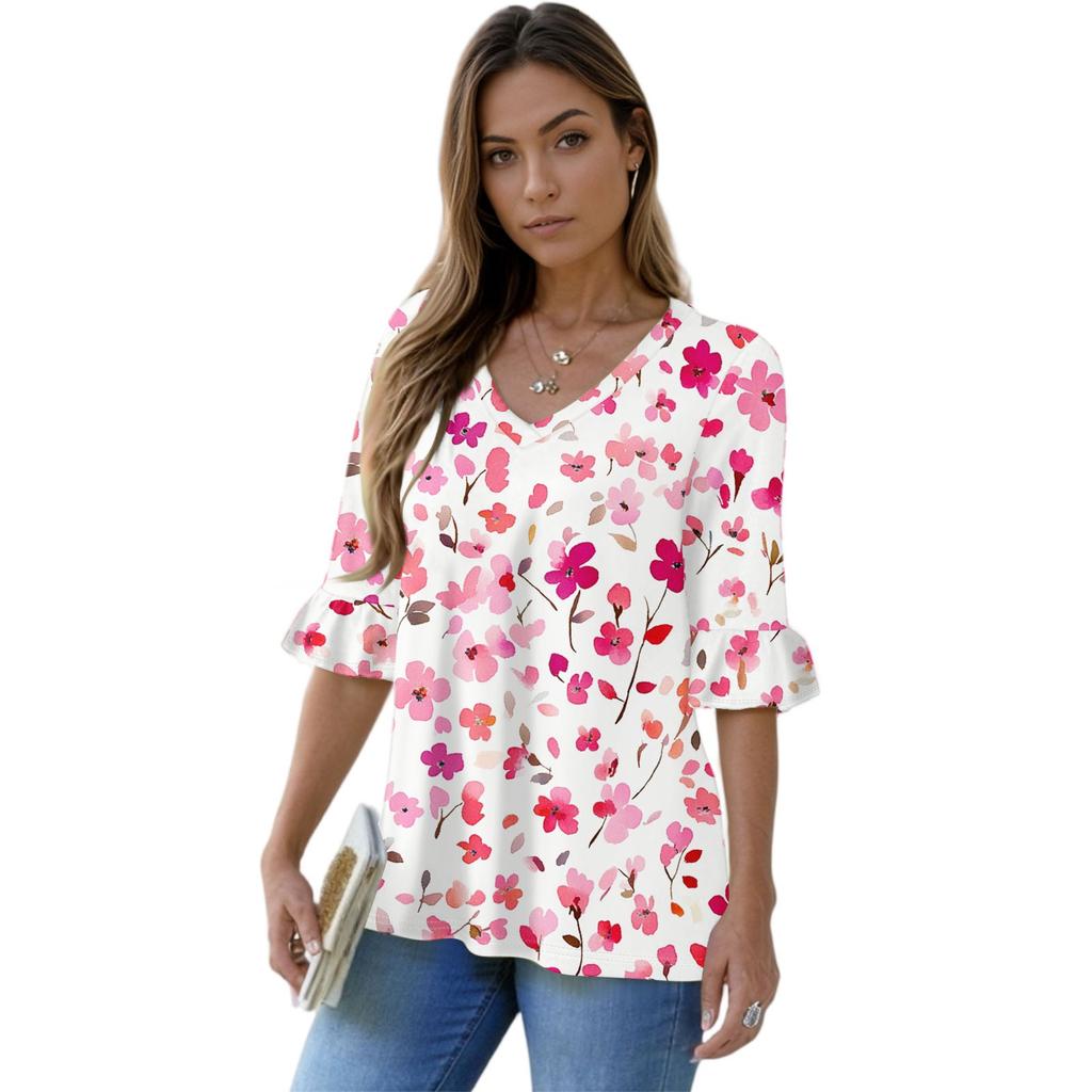 Women's Casual 3/4 Sleeve Tops V-Neck Sleeve T-Shirt Floral Print Tops