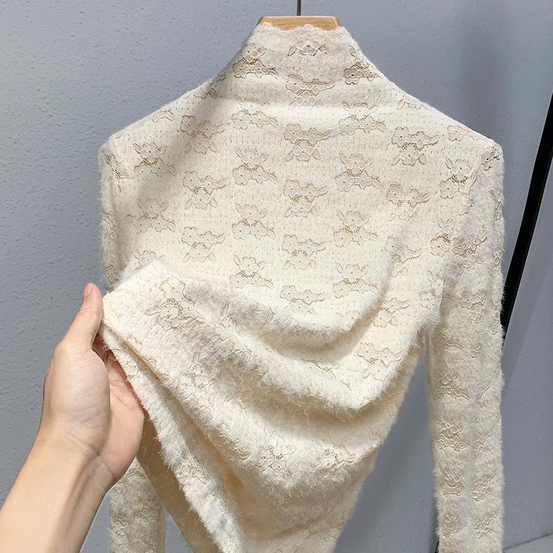 High Neck Base Shirt Women's Crochet Lace Shirt Warm Inner Layer with Thick Velvet Top