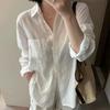 Flax temperament simple and versatile lapel single-breasted long-sleeved loose shirt women