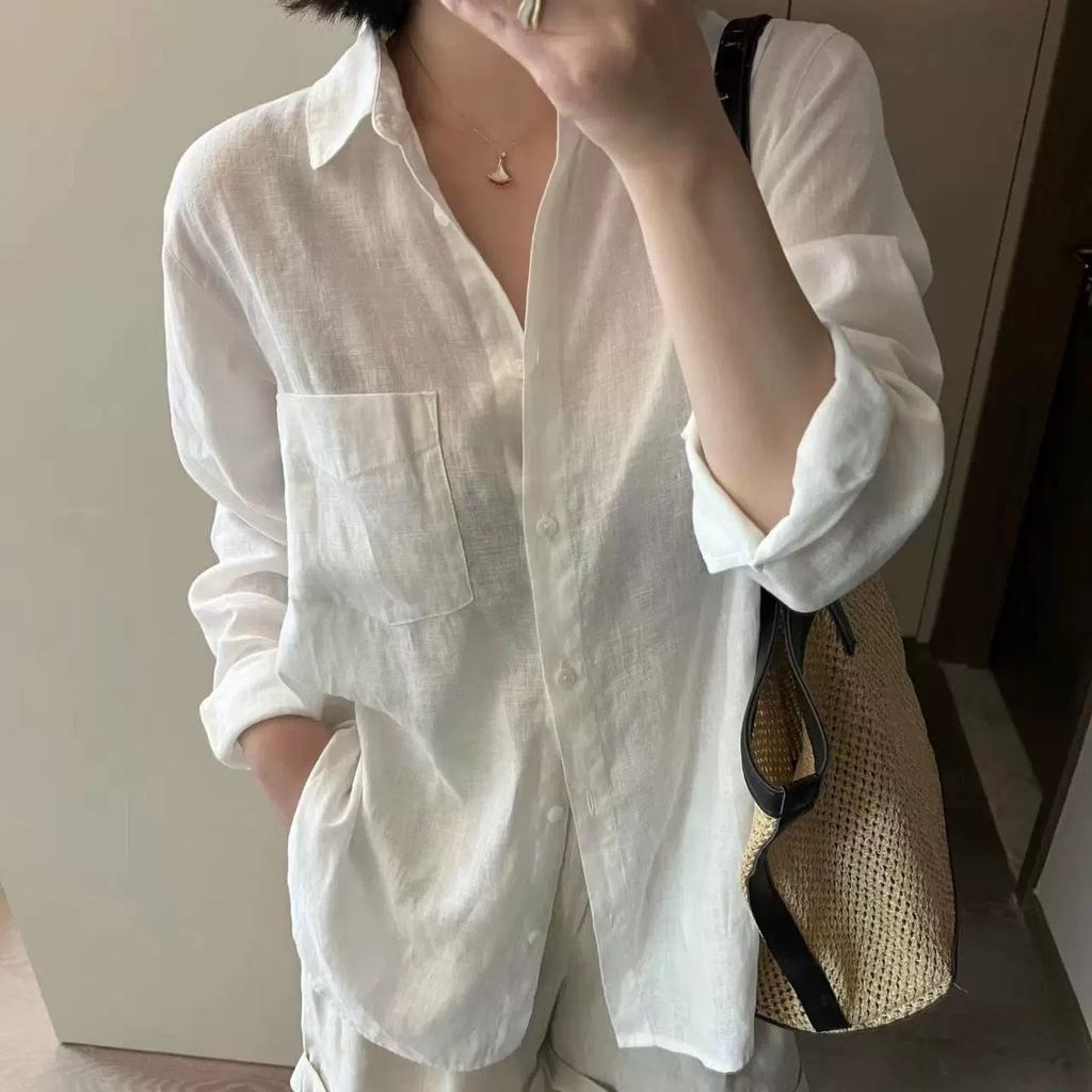 Flax temperament simple and versatile lapel single-breasted long-sleeved loose shirt women