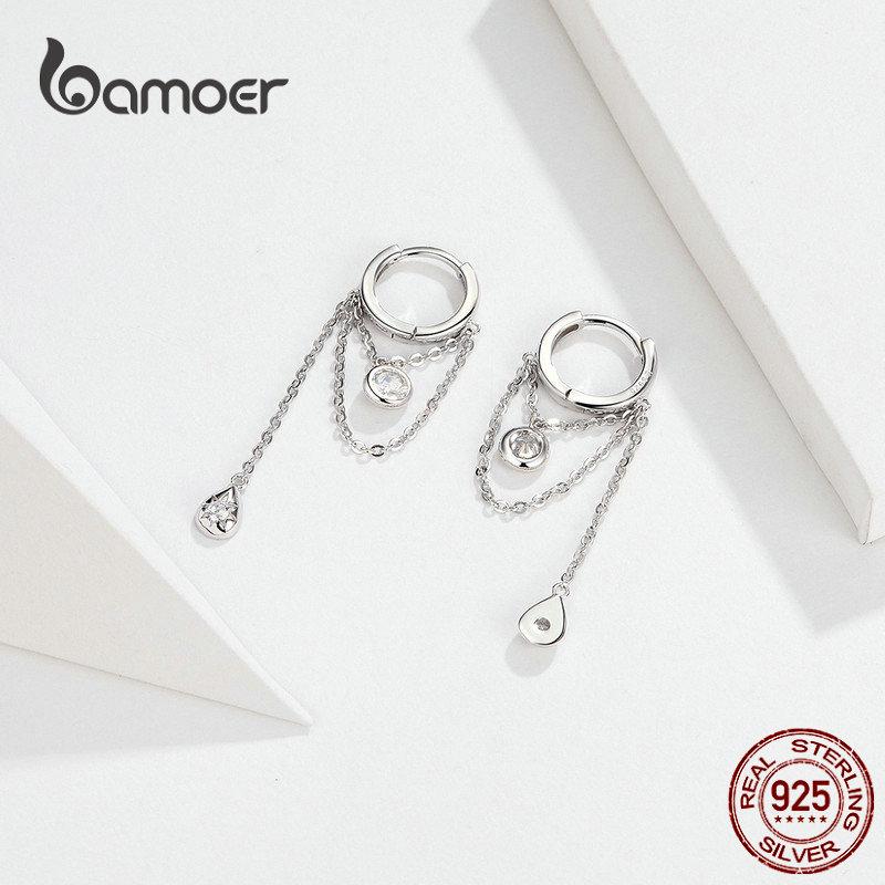 Bamoer Waterdrop Round Geometric Chain Dangle Earrings For Stylish Jewelry Women Sterling  Color Female Stylish Orecchini Sce638Geometric Chain