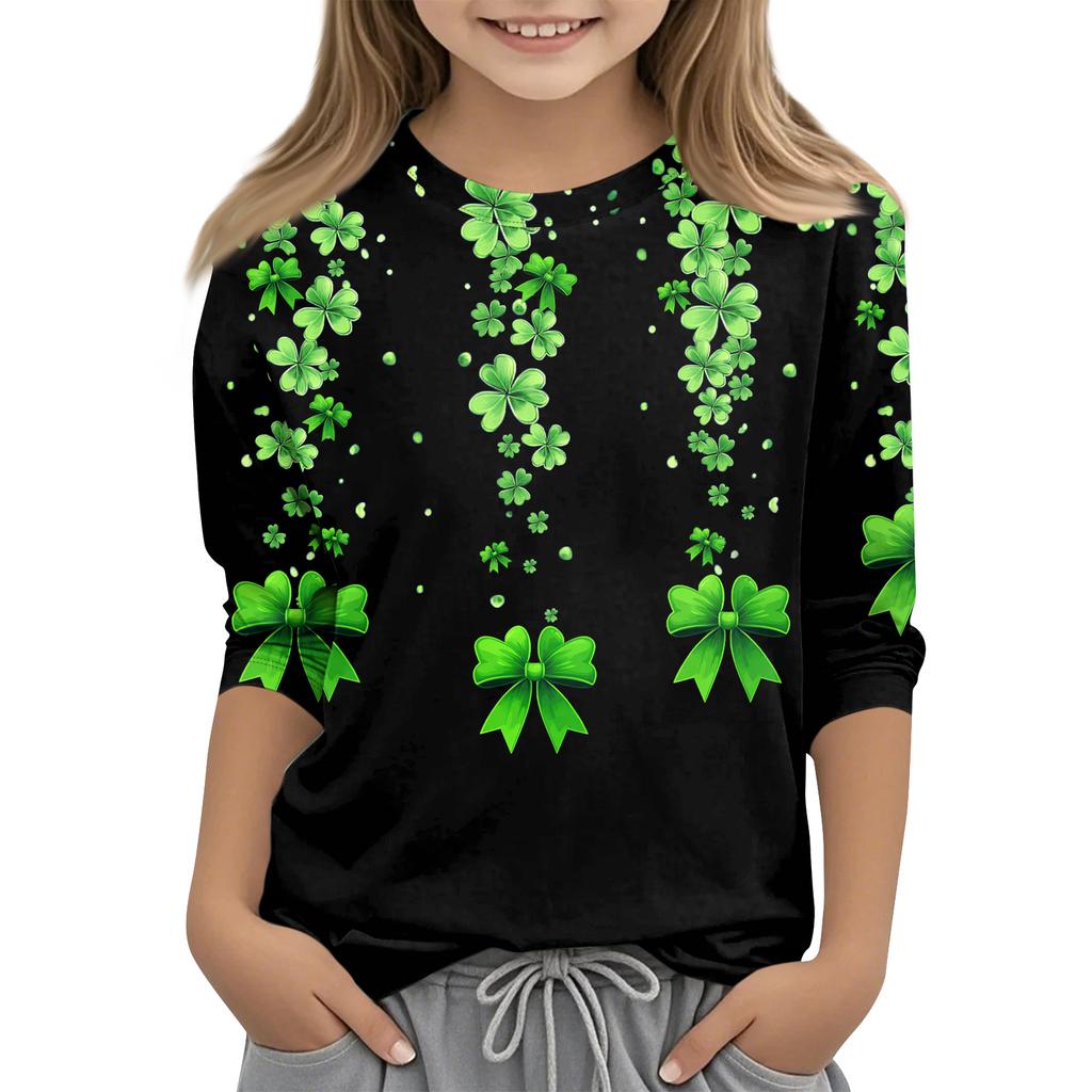 St. Patrick's Day Print Tops Für Jugendliche Mädchen 4-11 Jahre Rundhals 3/4 Ärmel T-Shirts Trendige Tops Outfit T-Shirts