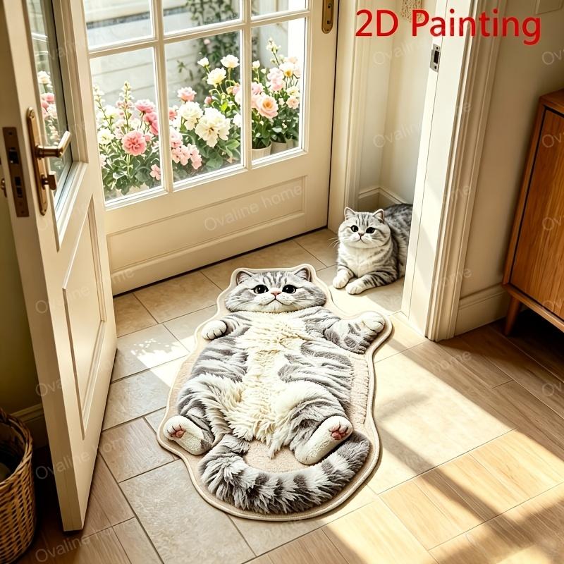 Chubby Lying Tabby Cat Shaped Long Rug 2D Furry Effect Print Non Slip Soft Bedroom Bedside Absorbent Floor Carpet Home