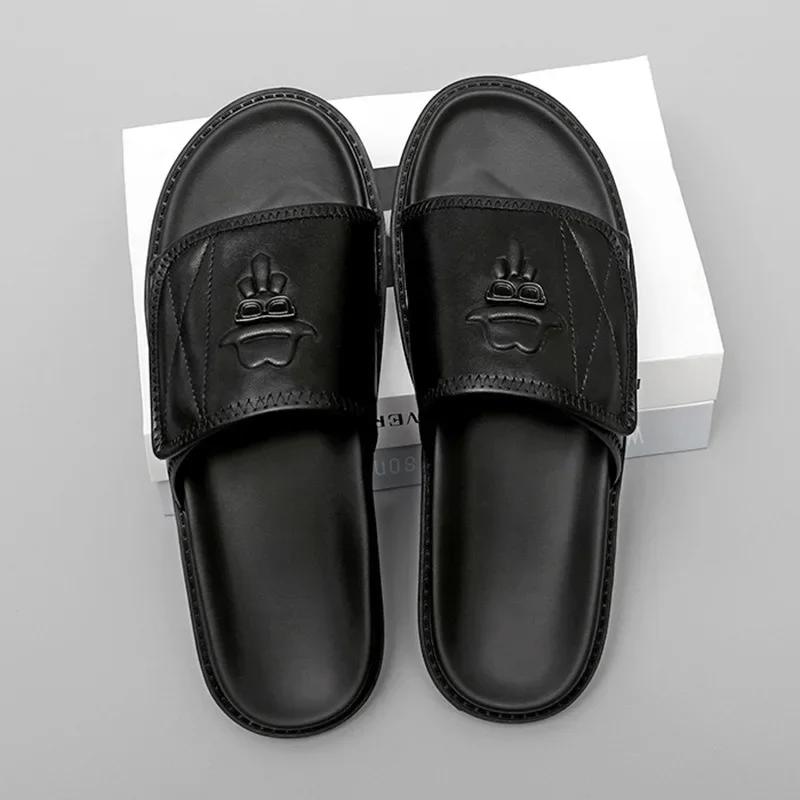 Genuine Leather Men's Slippers Original Brand Casual Slippers Fashion Outdoor Beach Sandals for Men Summer New Open Toe Slides