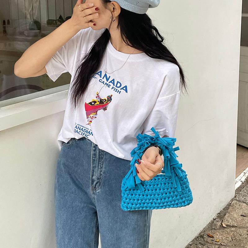 Yogodlns Fashion Solid Color Women's Knitted Small Handbag Woven Luxury Design Tassel Shoulder Bag Wrist Bag