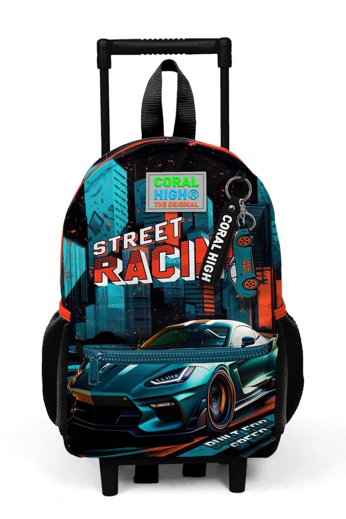 Minik Yuva Roll-Rucksack Schwarz Petrolfarben Rennwagen-Muster Zweifach 24065