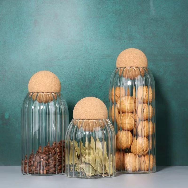 Cork Stopper Glass Storage Jar Clear Glass Canisters with Cork Ball Round Glass Bottles Candy Coffee Beans Spices Storage Tank