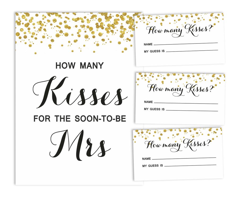 Inkdotpot How Many Kisses For The Soon To Be Mrs Gold Confetti White Bridal Shower Game 1 Sign   30