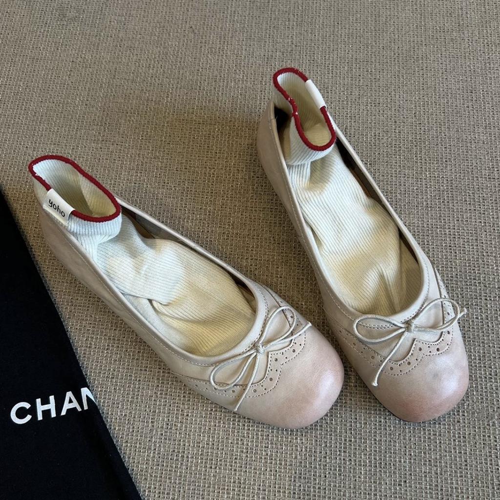 Cowhide Version~ Flat-bottomed Brock Engraved Bow Single Shoes Spring and Autumn Leather Round Head Mary Jane Shoes