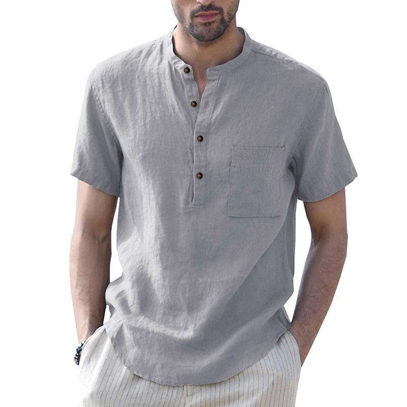 Men's Summer Cotton Linen Casual Pullover Short-Sleeve Shirt