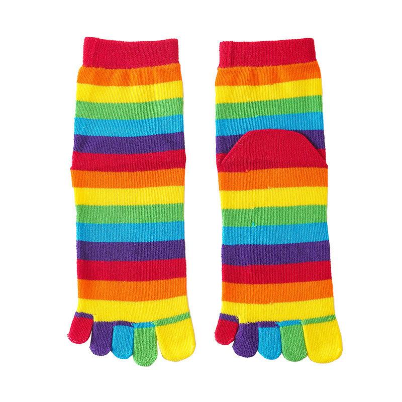 Women's Socks Rainbow Striped Five-finger Split Toe Cotton Mid-tube Socks Colorful Lines Simple Sports Funny Stockings