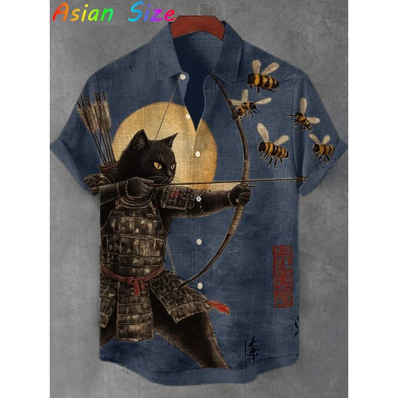 Vintage Japanese Cat Archery Shirts Daily Men Women Street Polyester Retro Shirt Short Sleeve Loose Button Up Blouses Tops
