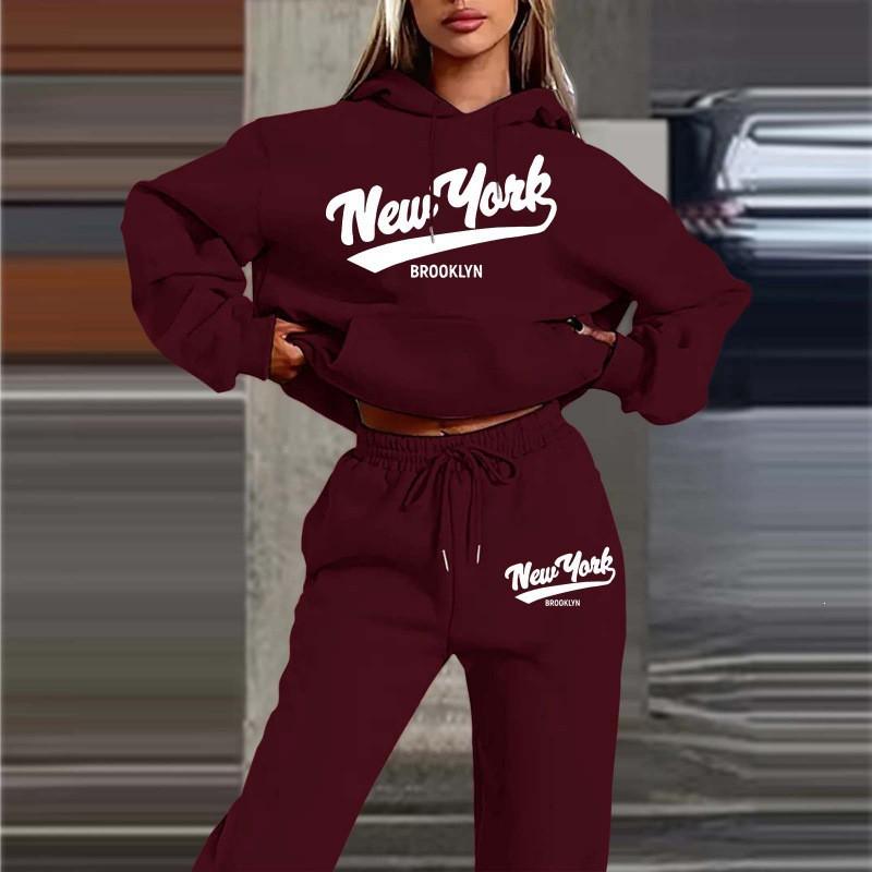 Womens 2026 New York Print Hooded Sweatshirt Set With Fleece-Lined Pants Fall Winter Outfit Streetwear Casual Tracksuit