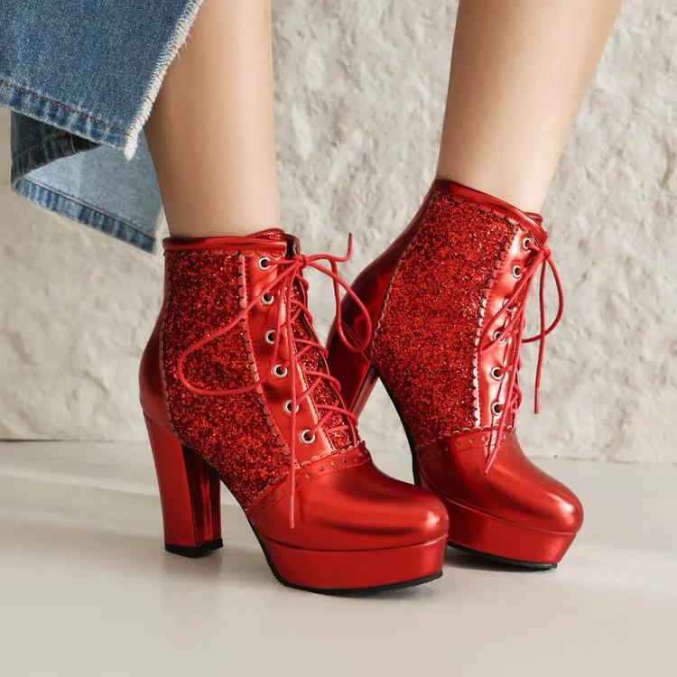 Autumn New Women Chunky High Heels Bling Party Ankle Chelsea Boots Gold Silver Red Black Big Size 34-48