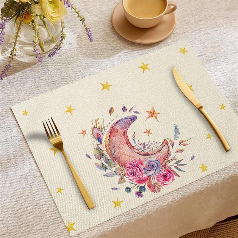 4/2 Stück Happy Ramadan Laterne und Mond Tischsets Festliche Atmosphäre Dekoration Leinen Tischgeschirr Matte Hitzebeständig