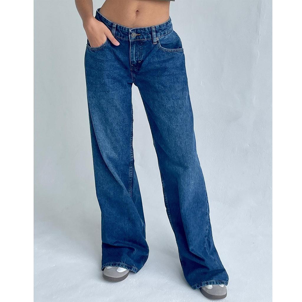 Women's Retro Low Waist Straight Leg Jeans - Washed Denim Wide Leg Pants for Autumn