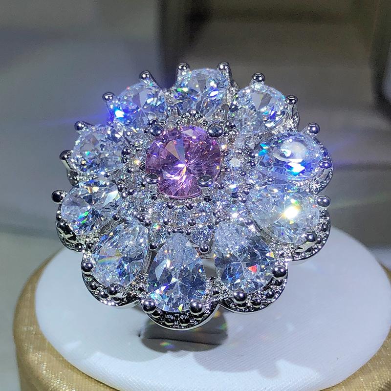 copper Trendy Luxury Jewelry Ladies Shiny White Zirconia Crystal Flower Female Ring for Women Party Wedding