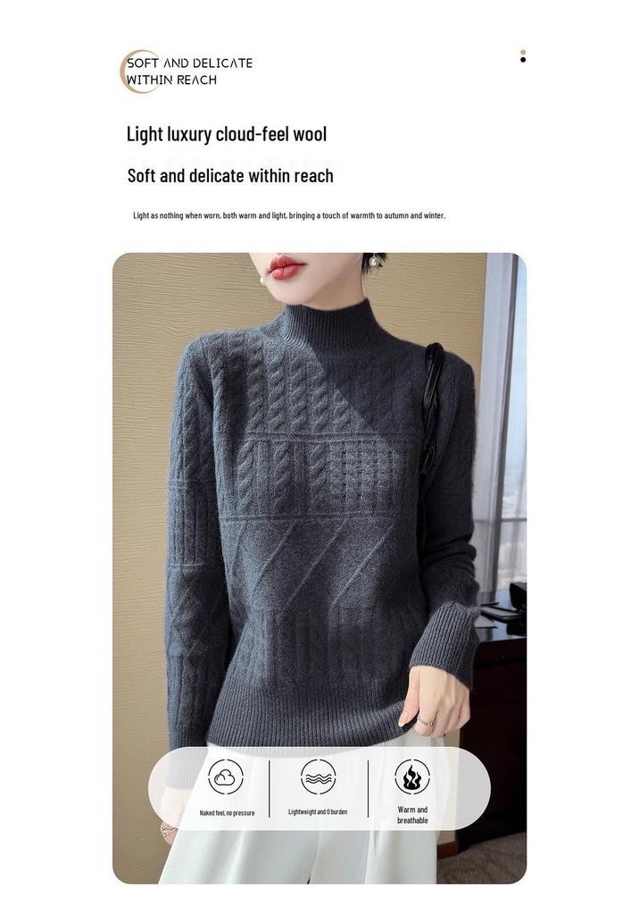 2026 Autumn/Winter Women's Pure Wool Thick Cable Knit Sweater with Half-High Collar and Long Sleeves
