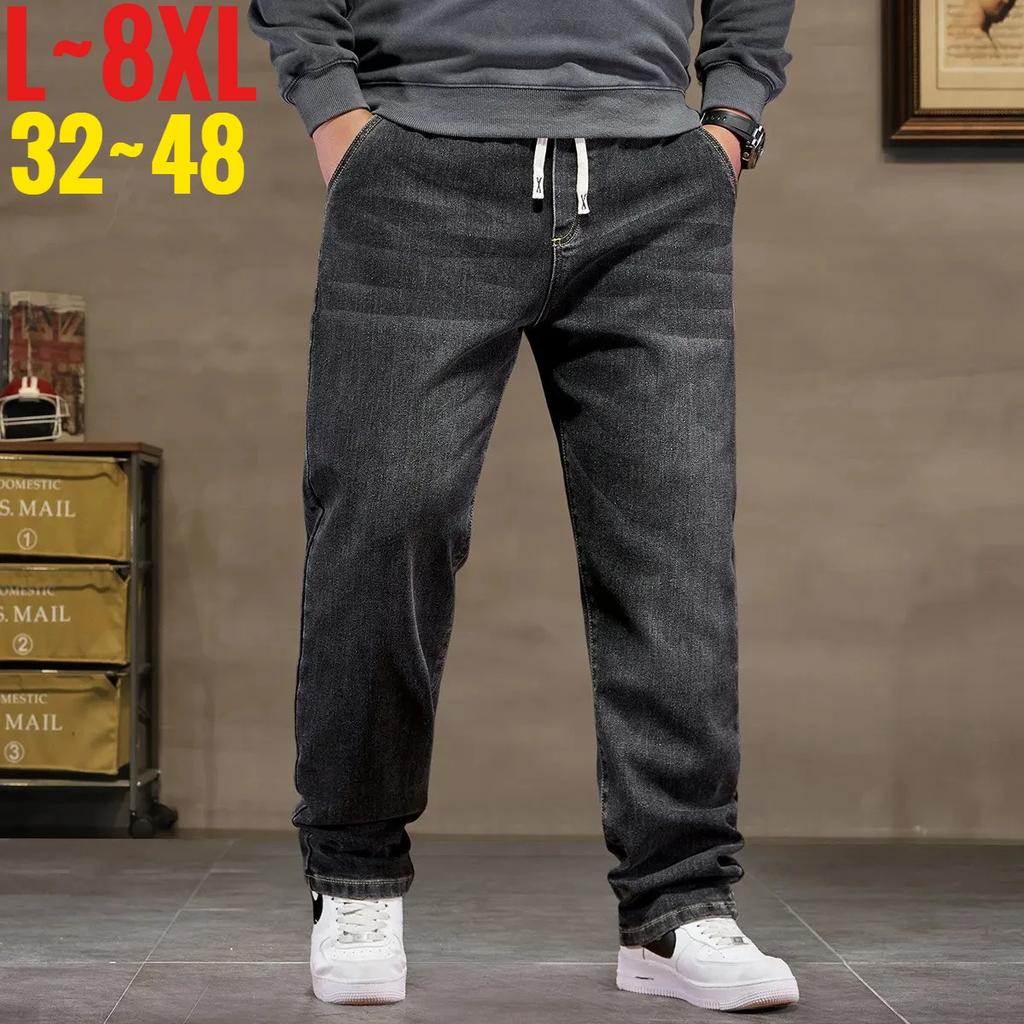 Extra Big Size Jeans Men High Elastic Waist Baggy Denim Pant Male Plus Large Loose Slim Fit Cowboy Trouser 8XL Classic