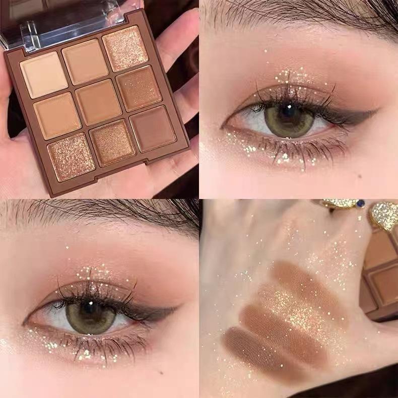 9 Color Nude Eyeshadow Palette Daily Style Brown and Golden, Featuring Two Textures,Matte and Shiny.