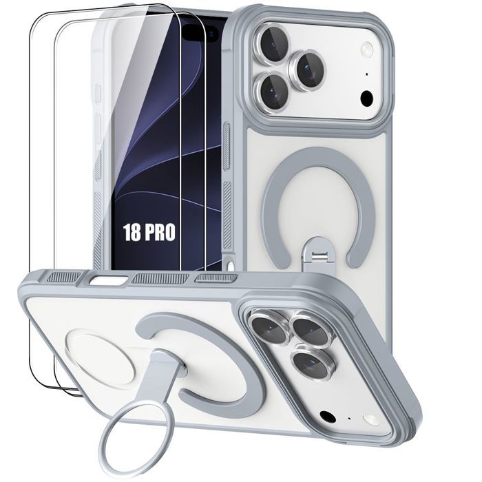 Coque + 2 Verres Trempés pour iPhone 18 Pro, Antichoc Bumper avec Cercle Magnétique Support - Gris