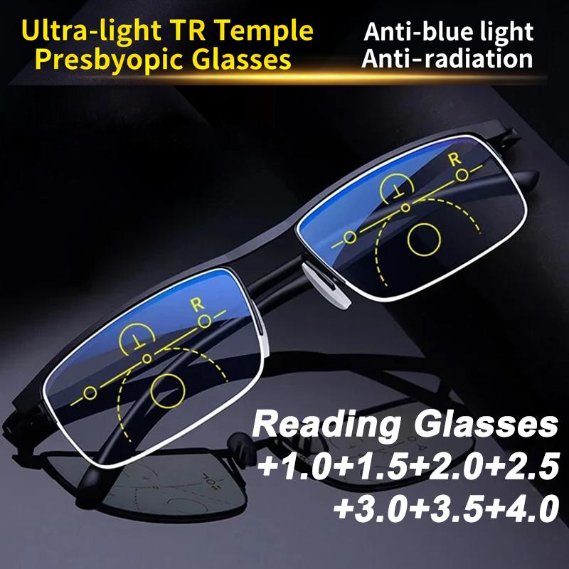 Progressive Multifocal Reading Glasses Blue Light Blocking Half Frame Bifocal +1.00 to +4.00 for Men Women Presbyopia Eyeglasses