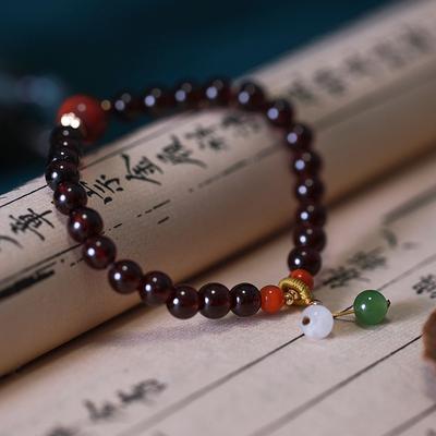 Burgundy Garnet Bracelet Female Niche Design Ethnic Style Natural Hetian Jade Diy Nanhong Bracelet
