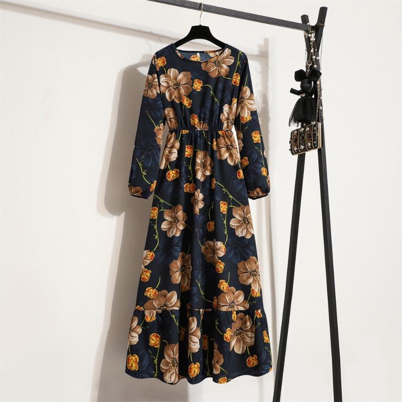 Fashion Long Sleeve Floral Printed Chiffon Dress Women Elegant Loose A-line Casual Long Dress Female High Waist Ruffled Office Lady Dress 1030