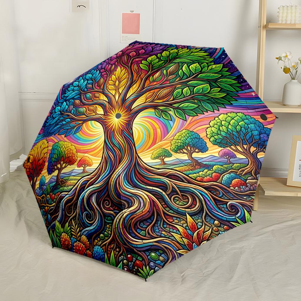 Tree Of Life Mandala Compact Travel Automatic Umbrella Retractable Design with 8-Rib Durability Durable Plastic & Iron All-Season Umbrella