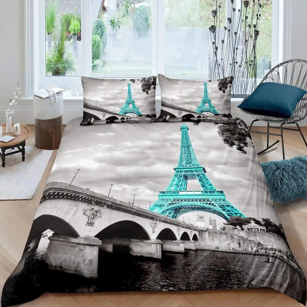Paris Duvet Cover Set Eiffel Tower Bedding Set French Style Bedding Set Bedclothes Double Queen King Size Polyester Qulit Cover