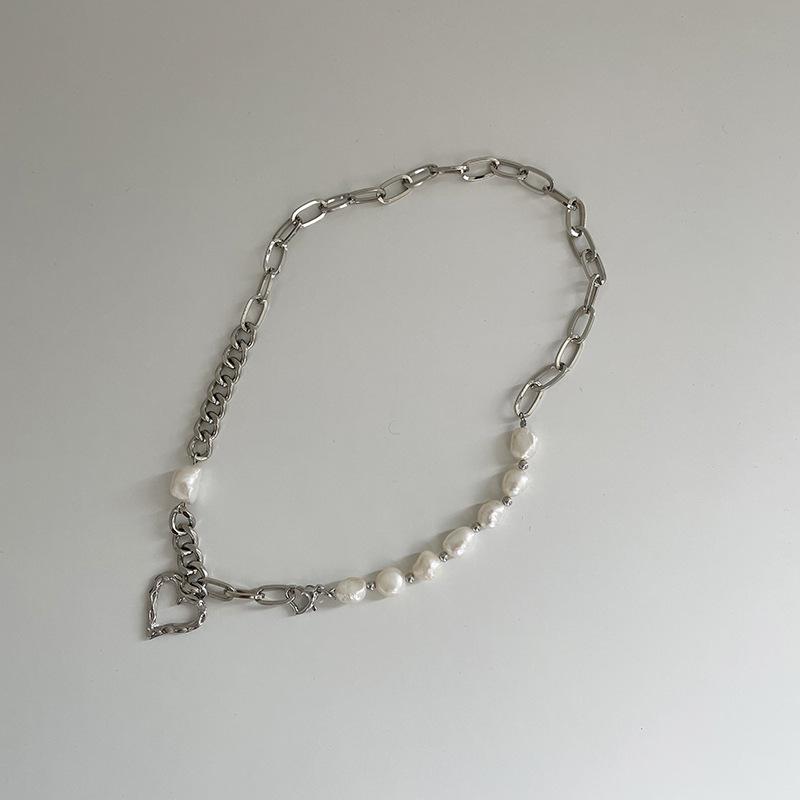 Korean Patchwork Choker Necklace - Minimalist, Asymmetrical Pearl & Heart Cutout Design