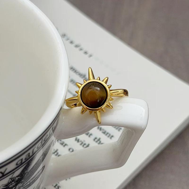 Light Luxury Niche Design Sense Medieval Geometric Imitation Tiger'S Eye Stone Ring Female Retro Stacking Wearing Exquisite Personalized Ring
