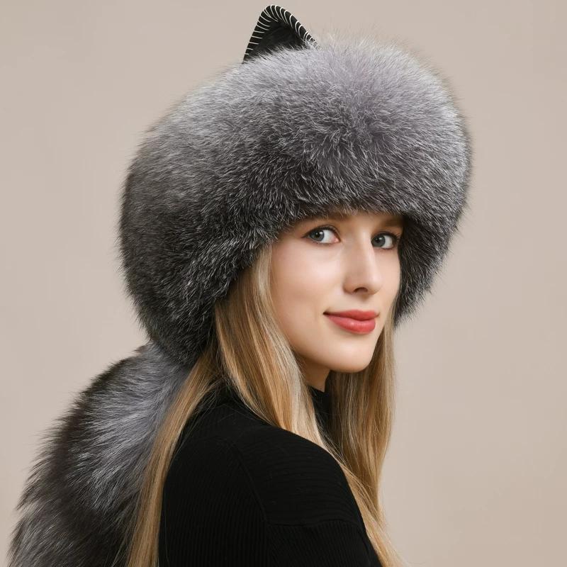 Fox fur hat female male winter
