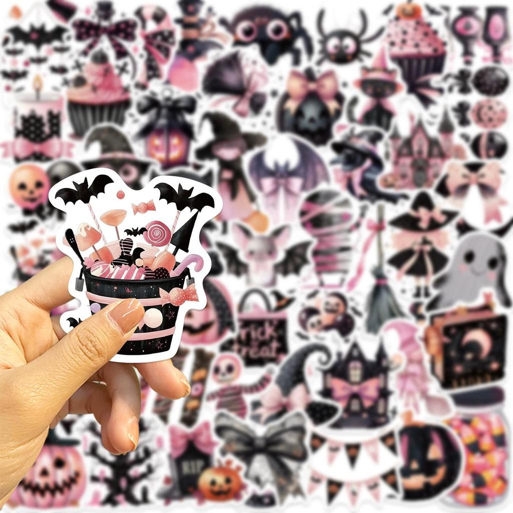 50pcs Black Pink Halloween Graffiti Cartoon Stickers for Guitar, Notebook, Luggage, DIY, Waterproof Decoration.