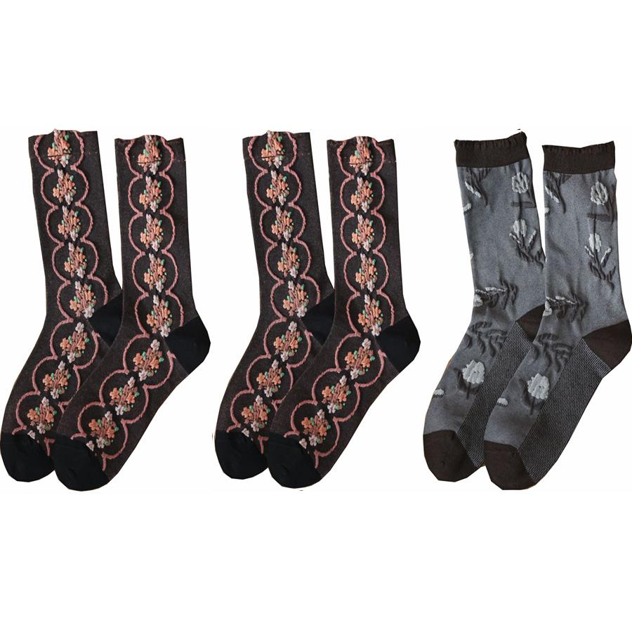 3 Pair Korean Style Women Socks Fashion Flower Printing Autumn Winter Middle Tube Lady Socks Set Soft Comfortable Socks Woman