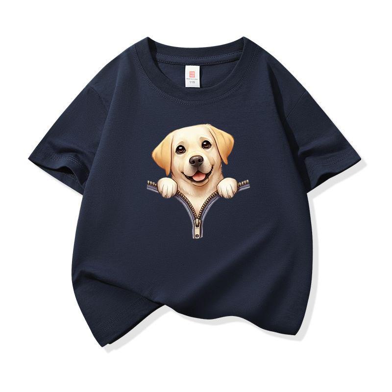 Kids Cotton T Shirt Cute Labrador Retriever Dog Zipper Print Crew Neck Short Sleeve Tee Casual Boys Girls Summer Tops