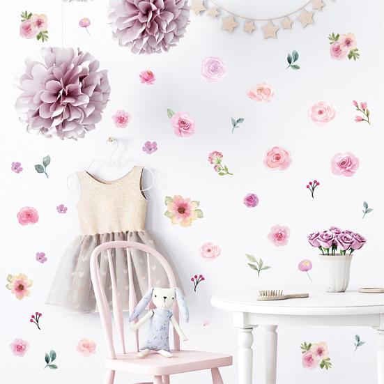4 Sheets Flowers Wall Decals Watercolor Peony Floral Leaves Wall Stickers Peel And Stick Wall Decor for Girls Bedroom Nursery Classroom Living Room
