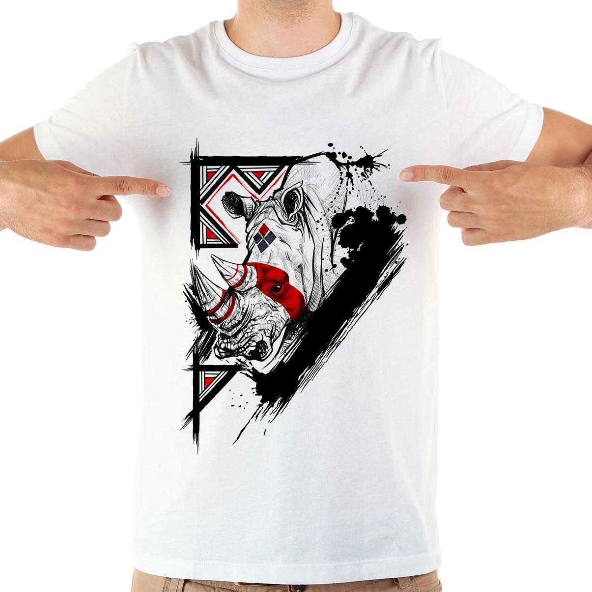 

Sketch Style Power Rhinoceros Totem TShirtWhite Casual Short Sleeve Streetwear Unisex TshirtNoGlue Breathable Print Tee S
