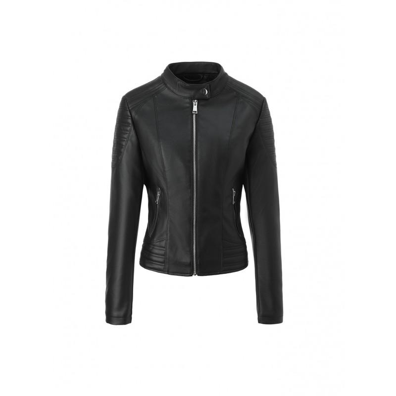 Womens Slim Fit PU Leather Jacket Stand Collar Zip Pockets Classic Streetwear