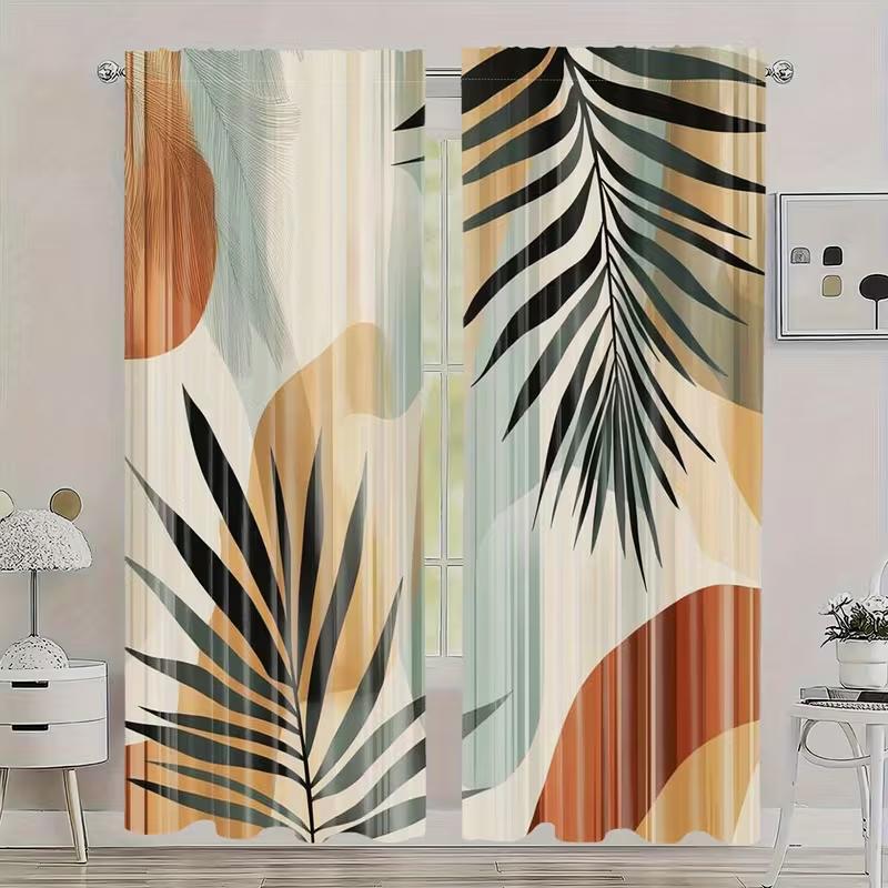 2PC Modern Abstract Palm Leaf Curtains - Boho Tropical Geometric Print Window Drapes for Living Room Bedroom Decor