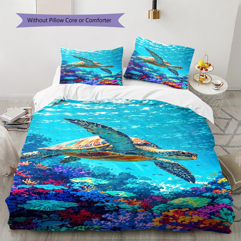 Colorful Sea Turtle Pattern Bedding Set Quilt Cover Pillowcase Home Decor Gift (1 * Duvet Cover + 2 * Pillowcase, Without Core)