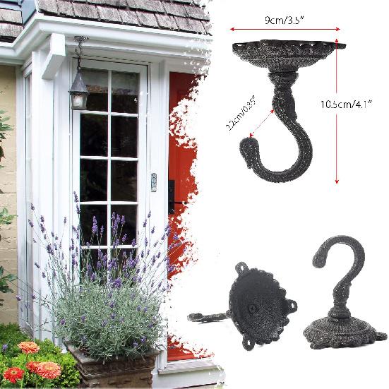 Sungmor Heavy Duty Ceiling Hooks for Hanging Plants, 2PC Black 3.5x3.9Inch Large Cast Iron Ceiling Hooks, Antique Decorative Ceiling Swag Hooks for
