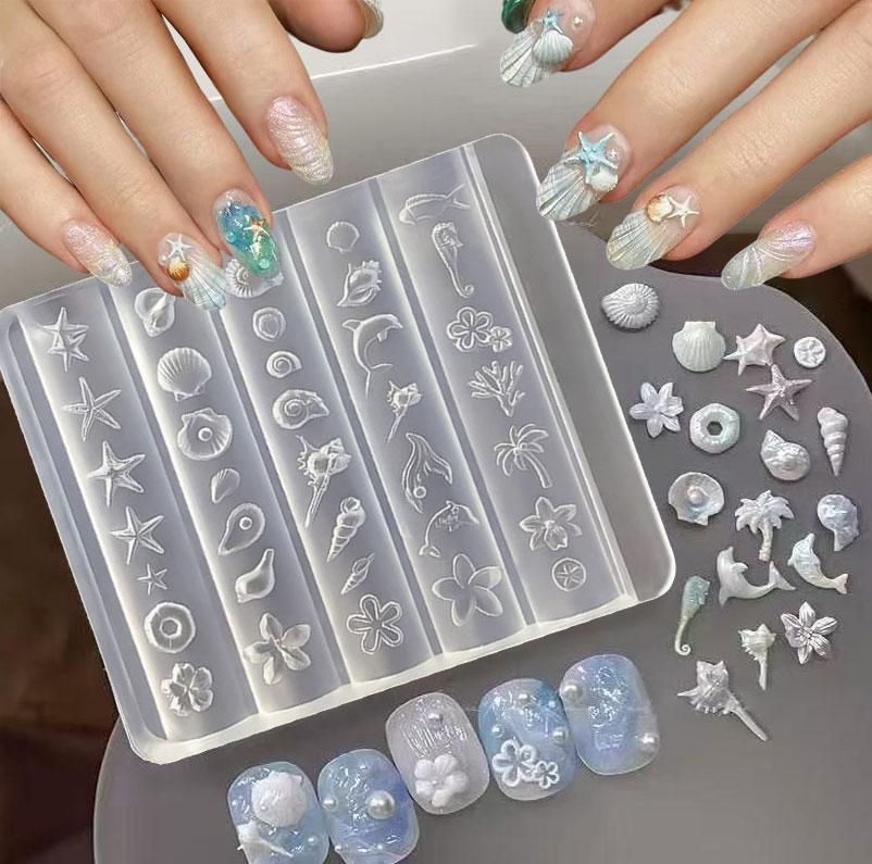 3D Summer Beach Ocean Charms Nail Silicone Mold Dolphin Shell Conch Starfish Coconut Tree Flower Templates Mold Nails Mold Tools