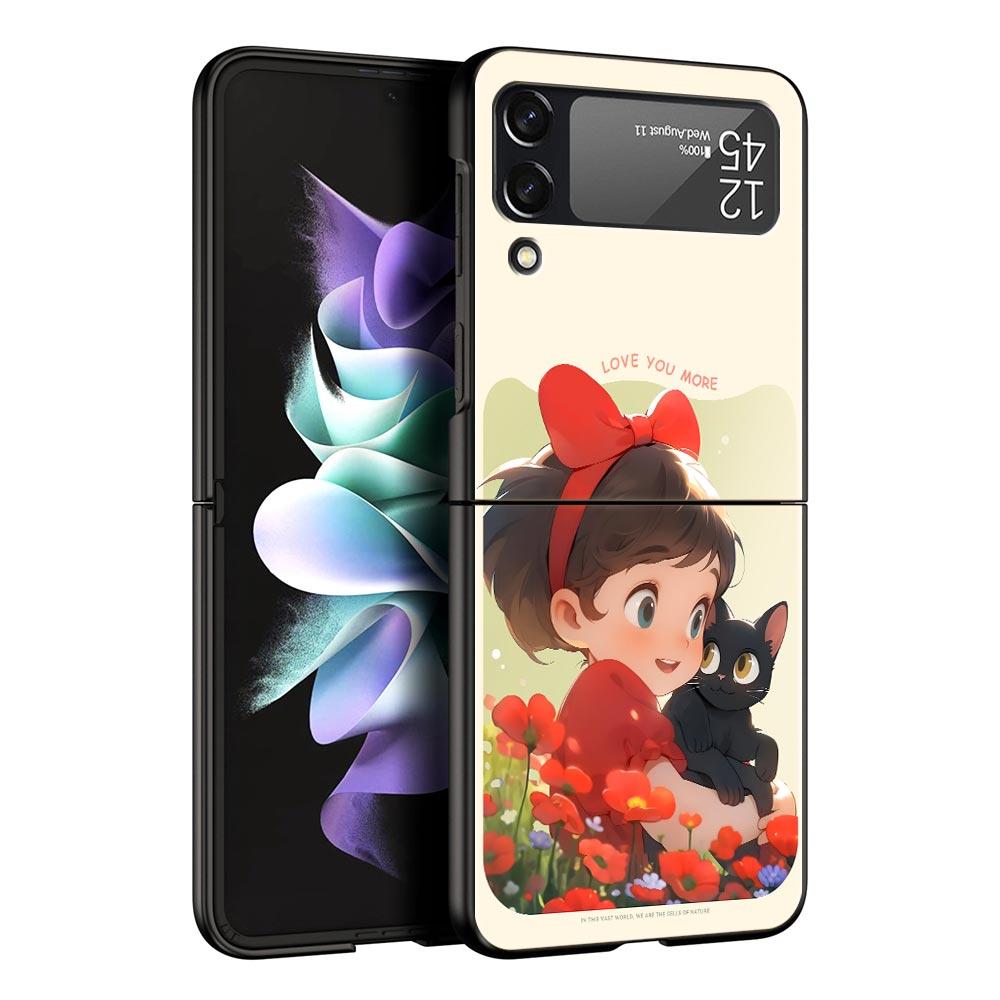 Cute Cartoon Black Cat Phone Case For Samsung Galaxy Z Flip3 Flip4 Flip5 Case Shell For Z Flip 3 4 5 6 7 Hard Folding Cover