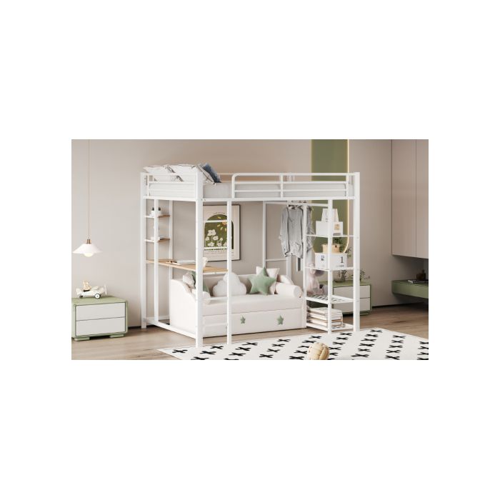 Lit superposé - MUVOE - 90x200 cm - Blanc - Métal - Avec table de travail