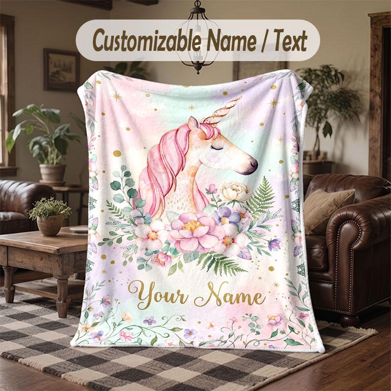 Unicorn Theme Throw Blanket Custom Name Text Personalized Blanket Soft Cozy Blanket for Home Sofa Bed